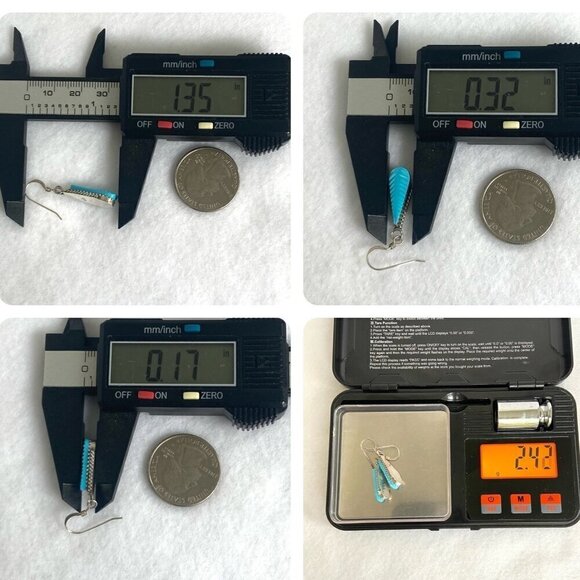 Sterling Silver 925 Dainty Southwest Style Carved Blue Leaf Dangle Earrings - Picture 10 of 16